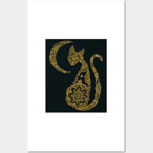 Cat and Moon - Gold Posters and Art